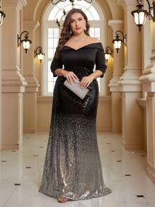 SHEIN Belle 女士加大码露肩渐变亮片晚礼服优雅正式舞会婚礼宾客礼服，适合毕业典礼、晚宴派对礼服 - 彩色 - 查看 1