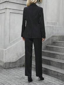 SHEIN Clasi 女士條紋西裝外套和褲子套裝 - 黑與白 - 查看 2