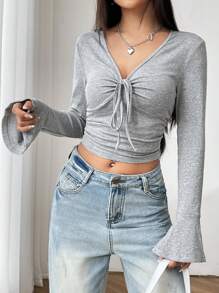 SHEIN EZwear 复古风格灰色女式V领褶饰系带修身喇叭袖T恤 - 灰色 - View 5
