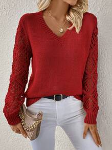 SHEIN Clasi Suéter holgado de punto con cuello en V, manga larga y abertura calada, talla grande - Rojo - Ver 5