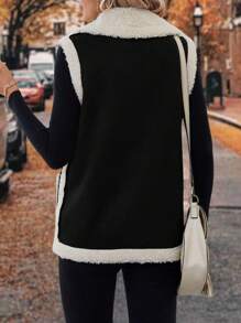 SHEIN LUNE Shearling Patchwork Pocket Vest Jacket - Black - View 3