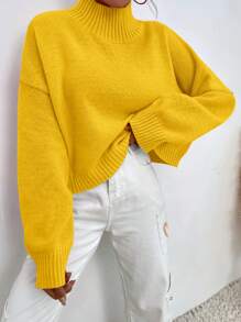 EURMUSE Mock Neck Drop Shoulder Jumper - Yellow - View 5