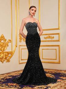 Rhinestone Chi tiết Nàng tiên cá Hem Kim sa Ống Ăn mặc trang trọng - màu đen - Xem 5