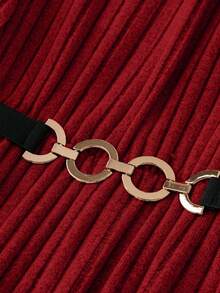 SHEIN Clasi Plus Size Solid Color Slim Ribbed Ruffle Sleeve Dress Without Belt - Red - View 3