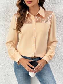 SHEIN Clasi 撞色亮片面板襯衫 - 香檳色 - 查看 6