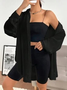 SHEIN EZwear 女款純色系扣落肩襯衫 - 黑色 - 查看 4
