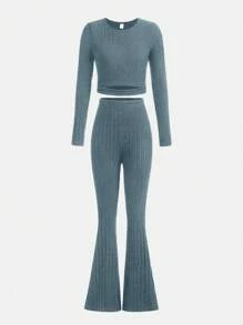 Cô gái Lông cừu Top Cây trồng & Quần loe Bộ Với Rỗng ra eo Mẫu - Màu xanh ngọc - Xem 1