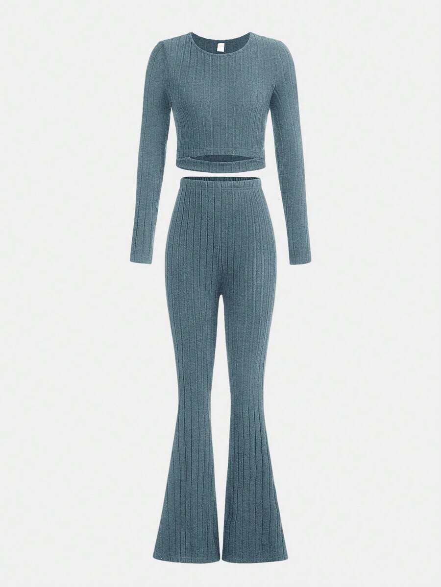 Cô gái Lông cừu Top Cây trồng & Quần loe Bộ Với Rỗng ra eo Mẫu - Màu xanh ngọc - Xem 1