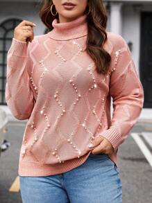 Celure Plus Size Studded High Neck Pullover Sweater - Coral Pink - View 1