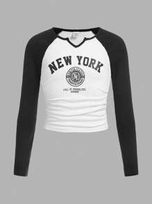 SHEIN Cô gái Tween Đơn giản Phong cách đường phố Giải trí Đan Tương phản Màu sắc Cổ chữ V Tay áo dài Áo thun Với Khe - trắng - Xem 1