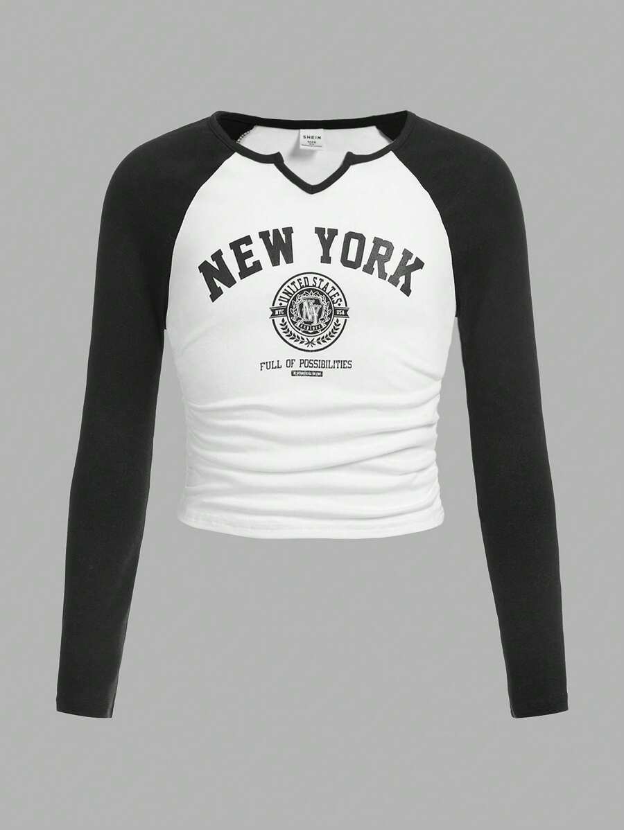 SHEIN Cô gái Tween Đơn giản Phong cách đường phố Giải trí Đan Tương phản Màu sắc Cổ chữ V Tay áo dài Áo thun Với Khe - trắng - Xem 1