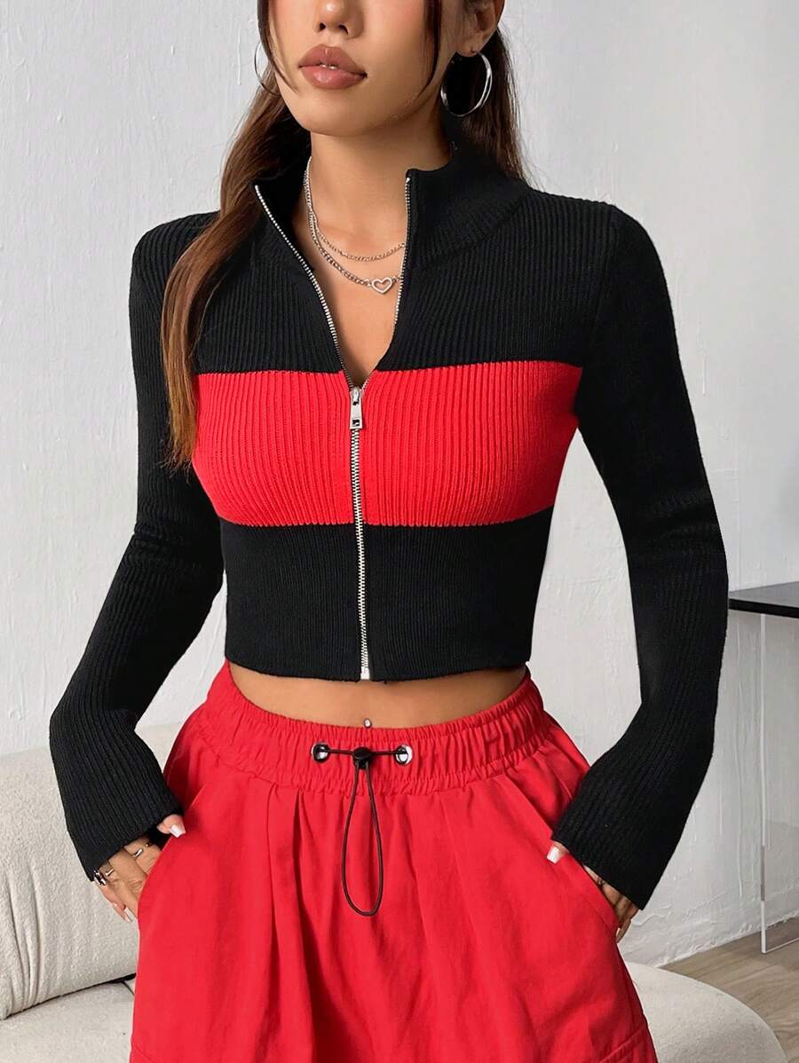 SHEIN Unity Của phụ nữ Khối màu Dây kéo Khép kín Quần skinny Áo len Mở - màu đen - Xem 1