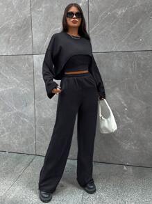 EURMUSE Drop Shoulder High Low Hem Crop Tee & Pants & Cami Top - Royal Blue - View 4