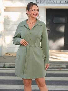 SHEIN Essnce 女性加大號半開衩釦實色修身連衣裙,配有口袋 - 軍綠色 - 查看 5