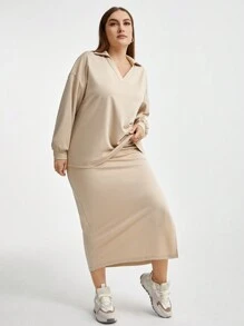 SHEIN Essnce Của phụ nữ Kích thước lớn Lỏng lẻo phù hợp Thả vai Áo thun Và Bộ váy , Màu thuần - Màu be - Xem 1