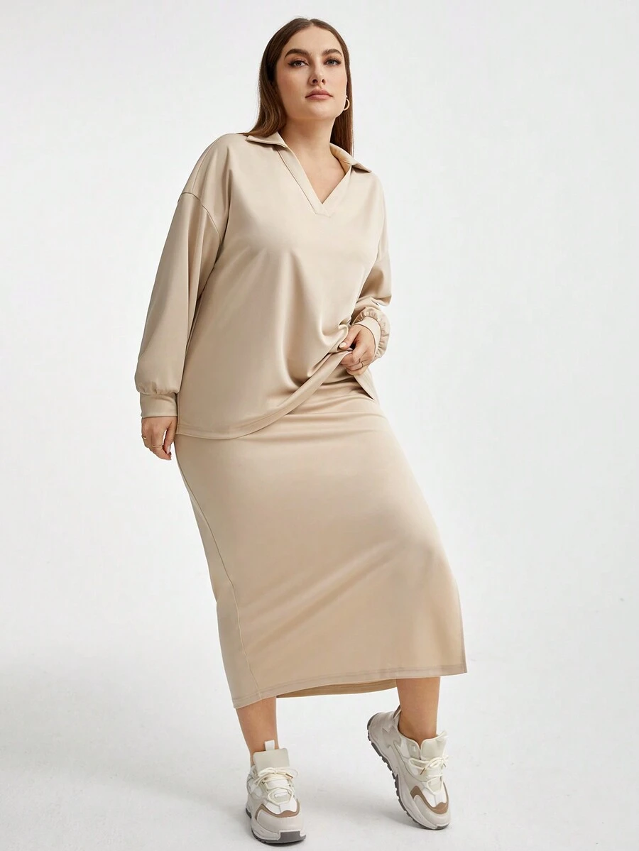 SHEIN Essnce Của phụ nữ Kích thước lớn Lỏng lẻo phù hợp Thả vai Áo thun Và Bộ váy , Màu thuần - Màu be - Xem 1