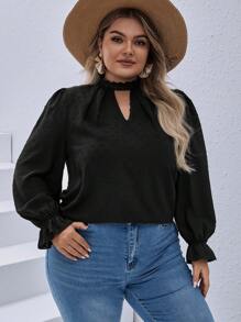 SHEIN VCAY Plus Size Keyhole Neckline Ruffle Sleeve Top - Black - View 3