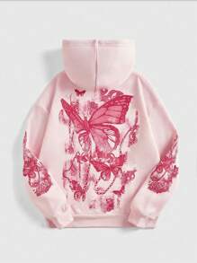 ROMWE Fairycore Plus Size Women Autumn Butterfly Print Casual Drawstring Hooded Sweatshirt