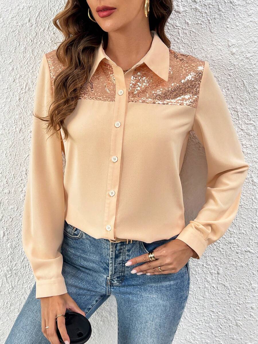 SHEIN Clasi 撞色亮片面板襯衫 - 香檳色 - 查看 1