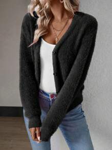 EMERY ROSE Short Cut Mink Hair V-Neck Cardigan,Long Sleeve Tops Fall Winter Cloth For Women - Black - View 3