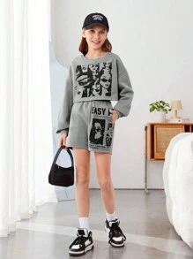 Girls' Knitwear Solid Color Letter Pattern Loose Round Neck Top With Knit Loose Shorts Set - Light Grey - View 3