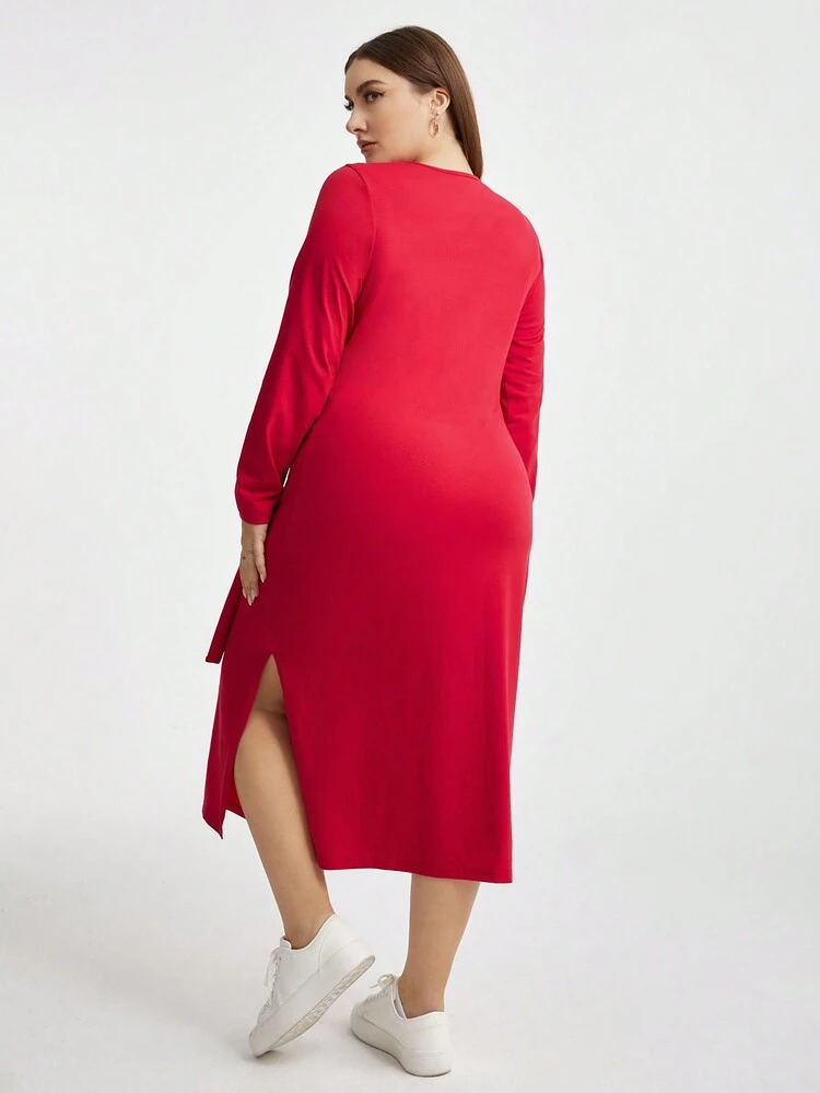 Plus Size Knot Front Long Sleeve Dress
