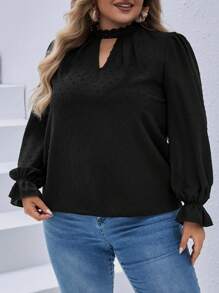 SHEIN VCAY Plus Size Keyhole Neckline Ruffle Sleeve Top - Black - View 2