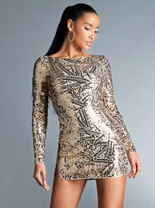 SHEIN BAE 女士閃亮連身裙 - 香檳色 - 查看 5