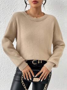 SHEIN Frenchy Ladies' Solid Color Round Neck Sweater - Camel - View 5
