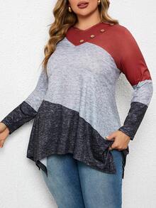 Camiseta de manga larga con bloque de color y bajo asimétrico para mujer talla grande - Multicolor - Ver 4