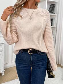 SHEIN Essnce 肋針針織圓領拉幫袖毛衣 - 米色 - 查看 6