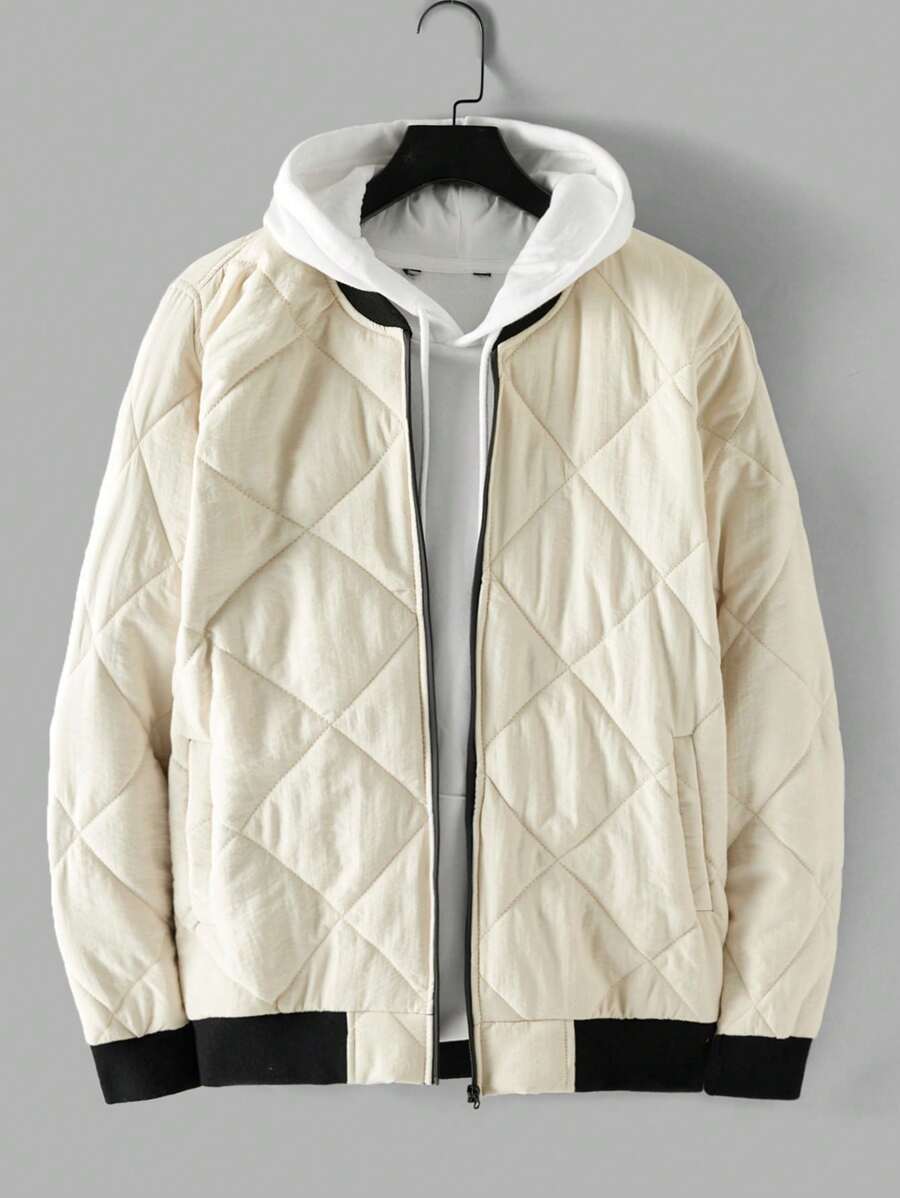 SHEIN Cottnline Men's Zipper Closure Stand Collar Baseball Collar Padded Jacket - Beige - View 1