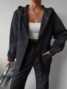 SHEIN Cottnline 女士純色帽衫拉鍊外套 - 深灰色 - 查看 3