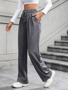 SHEIN Unity Women's Solid Color Drawstring Waist Trousers - Light Grey - View 6