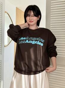 Dazy Petite Plus Round Neck Leisure Sweatshirt With Print Text,Fall Clothes - Brown - View 3