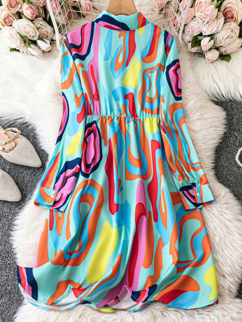 Plus Size Full Printed Button Down Shirt Dress Fall Cloth For Women