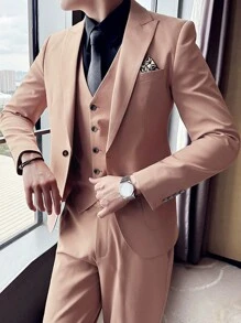 Calvornis Men 1pc Solid Lapel Neck Button Front Blazer & 1pc Suit Pants - Hot Pink - View 4