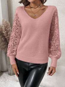 SHEIN Clasi V領長袖毛衣,帶有蕾絲插入 - 粉色 - 查看 3