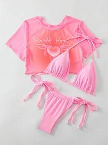 Swim Mod Set Bikini Tam Giác Họa Tiết Trái Tim Và Che Nắng Đi Biển Mùa Hè - Hồng - Xem 5