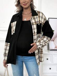 SHEIN Maternity Plaid Patchwork Shirt Style Coat - Multicolor - View 1
