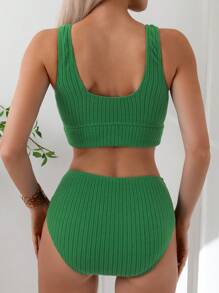 SHEIN Swim Summer Beach Solid Color Women's Sleeveless Bikini Top And Bottom Set - Green - View 2