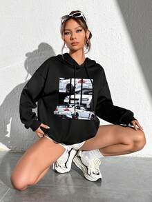 SHEIN Coolane Sudadera De Patrón De Coche Para Mujer - Negro - Ver 4