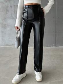 EURMUSE High Waist Slant Pocket PU Leather Pants - Black - View 4