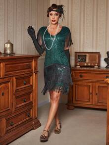 复古深绿色流苏边饰撞色亮片 1920 年代轻薄连衣裙（无手套）、优雅鸡尾酒会半正式舞会婚礼宾客礼服，适合生日、毕业典礼、晚宴、返校节 - 綠色 - 查看 3