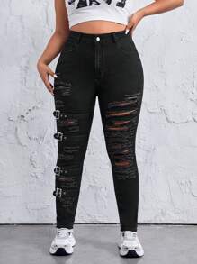 SHEIN ICON 大尺碼女士金屬鈕扣破洞牛仔褲 - 黑色 - 查看 6