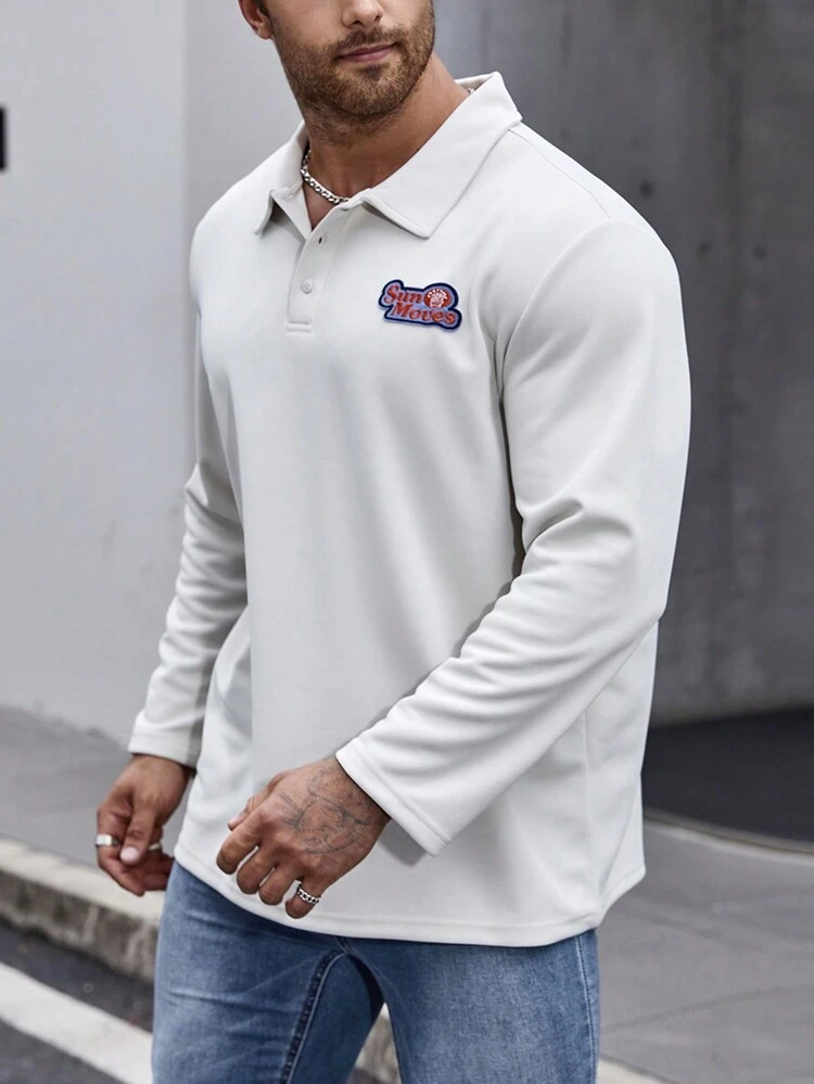 Men's Plus Size Long Sleeve Polo Shirt With Letter Applique And Button Closure