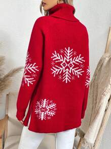 SHEIN LUNE 女款高領雪花圖案插肩袖毛衣 - 紅色 - 查看 2