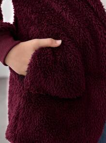 SHEIN Tween 女孩針織純色連帽寬鬆休閒外套大翻領雙貼袋 - 酒紅色 - 查看 6