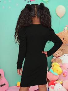SHEIN Cool Leg-Of-Mutton Sleeve Knitted Dress For Tween Girl - Black - View 2
