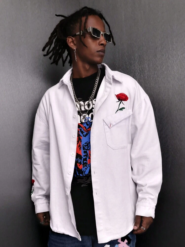 Loose Fit Men's Floral Print Snap Button Denim Shirt